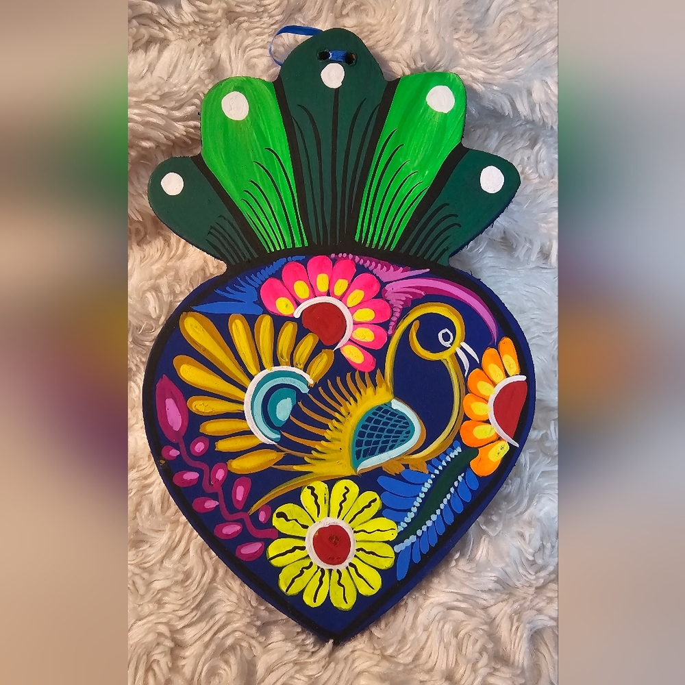 Handpainted Heart Mexican Folklore Art Blue Bird New - Picture 3 of 3
